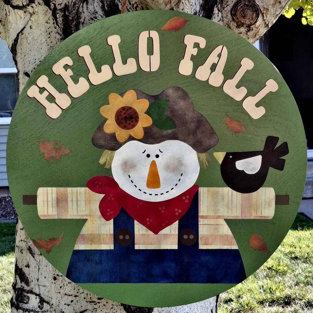 Hello Fall Painted Scarecrow Door Hanger Sunflower Sign Wall Hanging